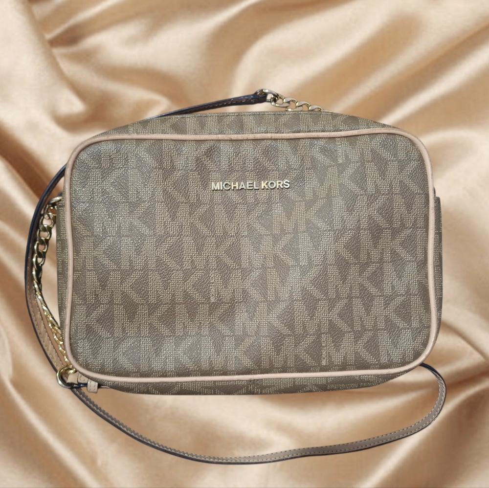 👜 Michael Kors Jet Set Signature MK Brown Tan Gold Large Crossbody Bag